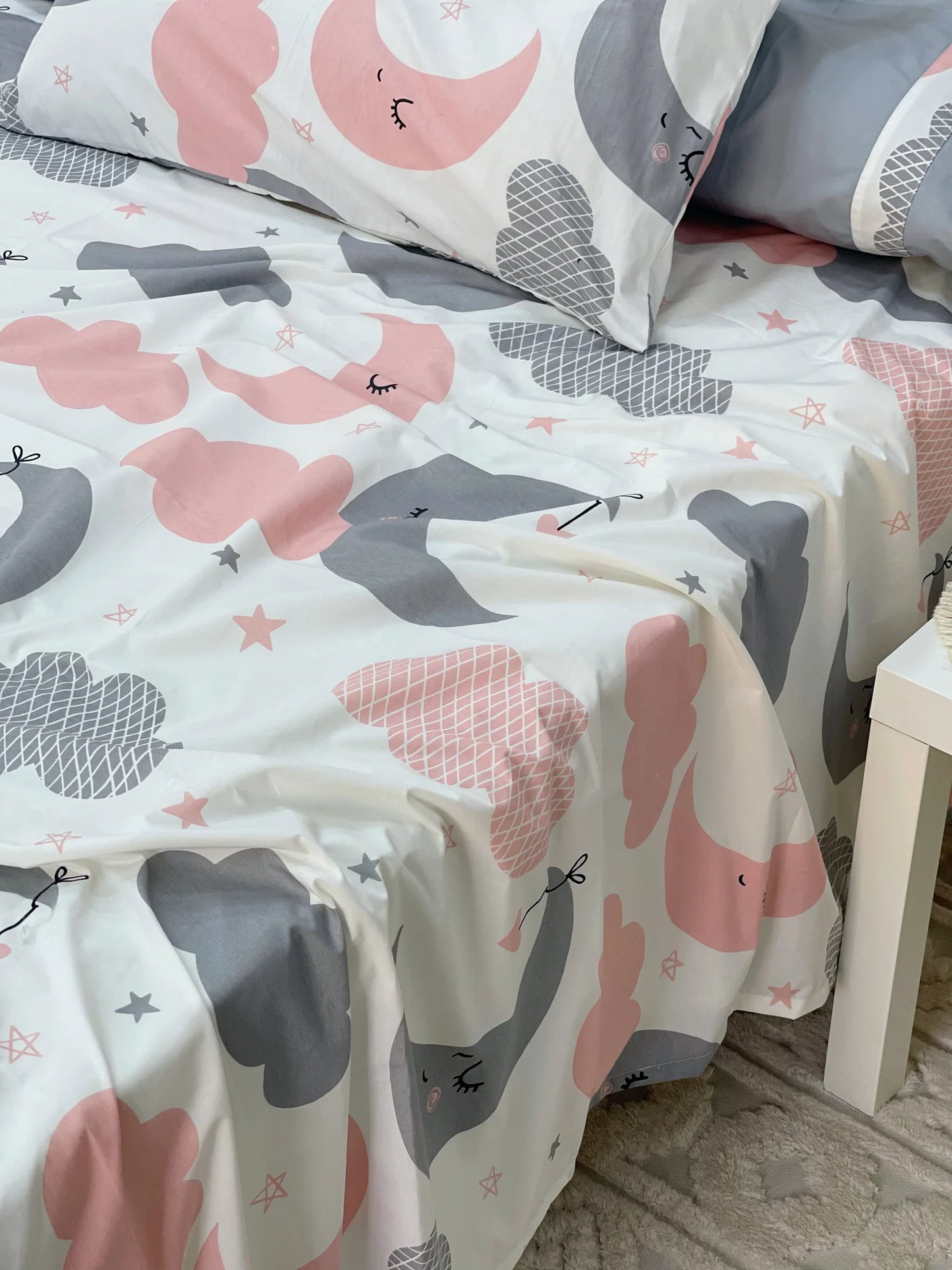 طقم ملاية سرير قطن ضد الوبر - سحابة روز ورمادي