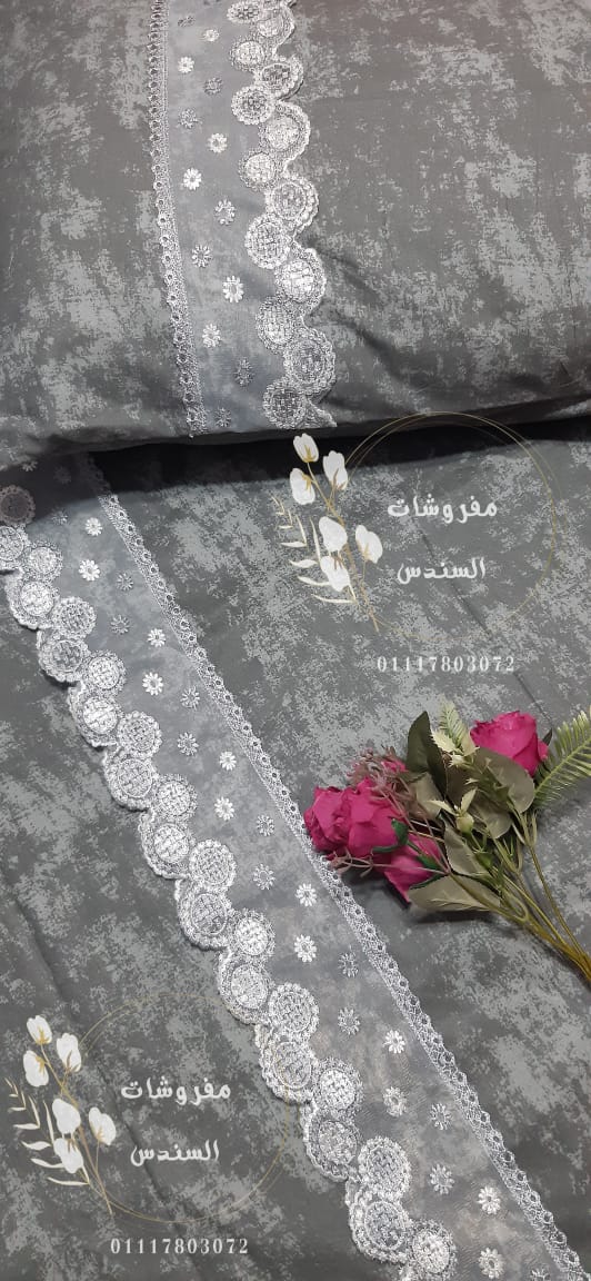 طقم ملاية سرير قطن ضد الوبر - مطرز بجوبير فاخر رمادي رخامي