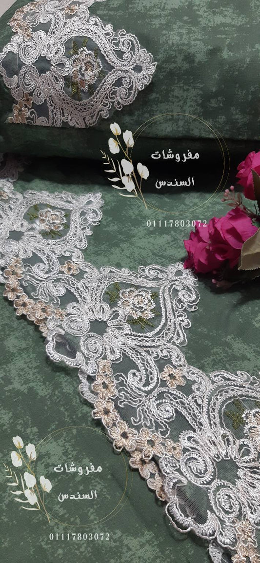 طقم سرير مطرز بجوبير فاخر (أخضر زيتي)