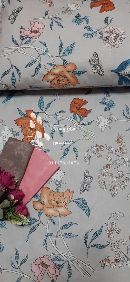 طقم ملاية سرير قطن ضد الوبر - زهور وفراشات ملونة