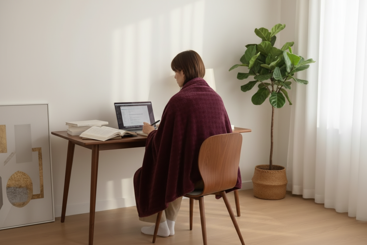 طالب يستخدم كفرية التدفئة على الكتفين أثناء المذاكرة