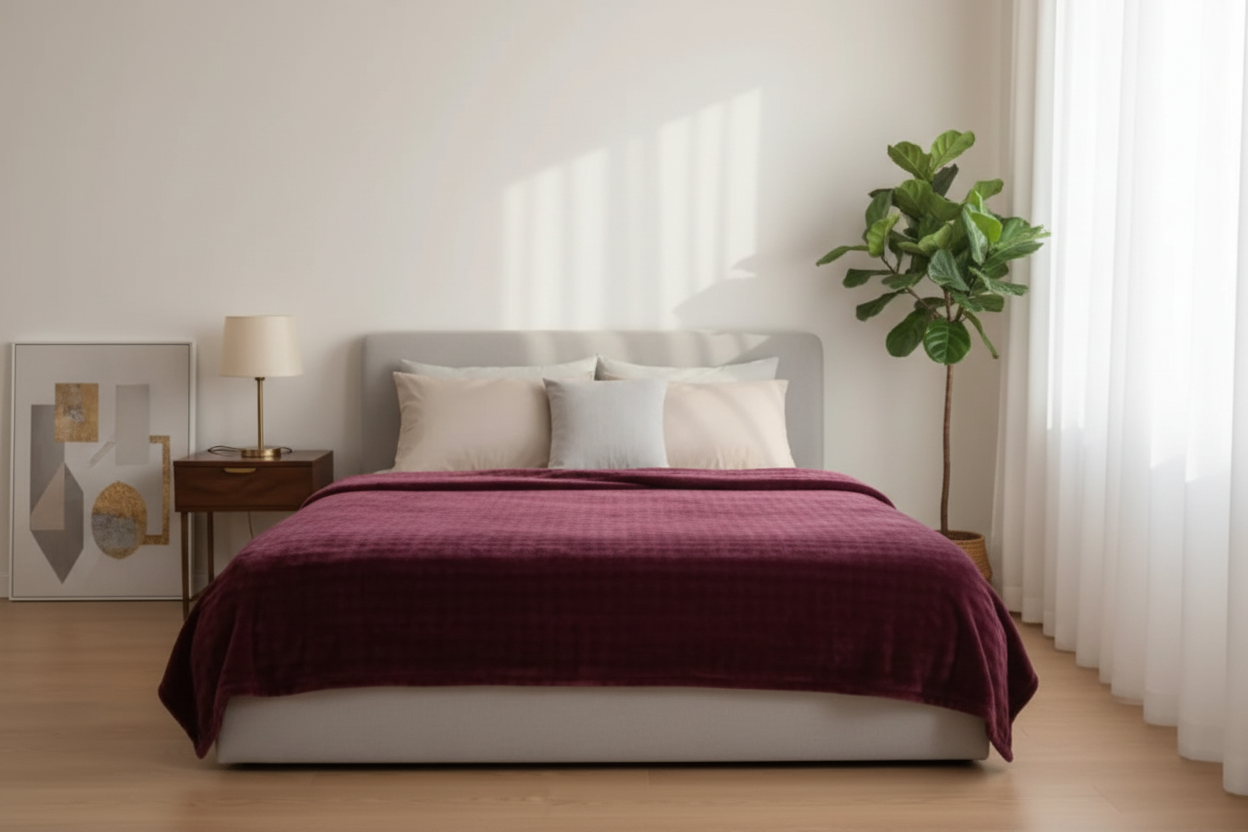 دفاية قطيفة مفرودة كمفرش على السرير