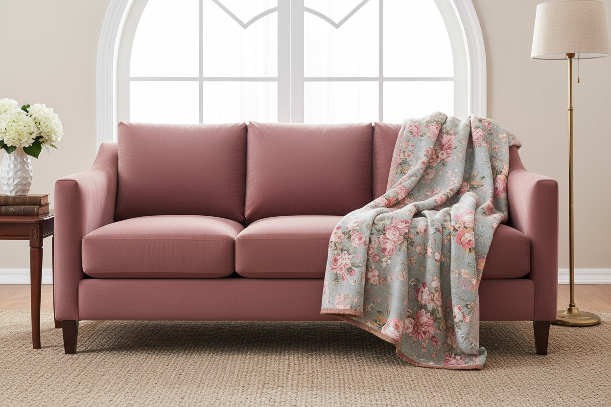 صورة إعلانية لكنبة مع مفرش زهري