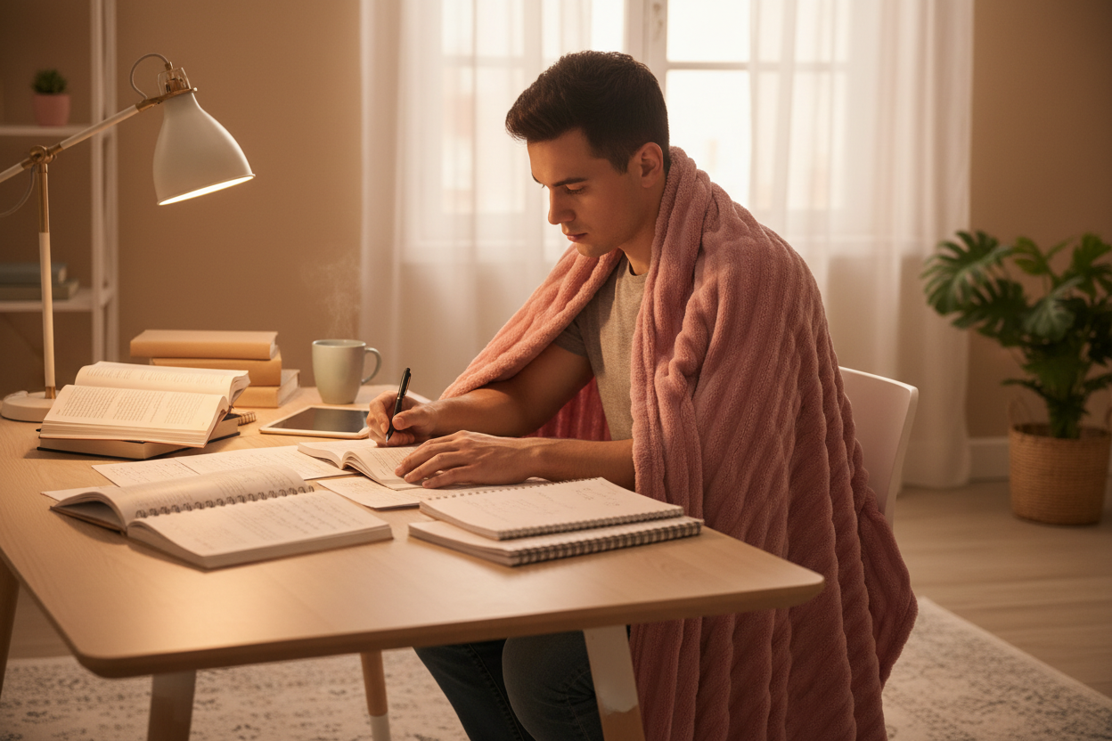 طالب ولد يستخدم كفرية التدفئة الوردي المخططة