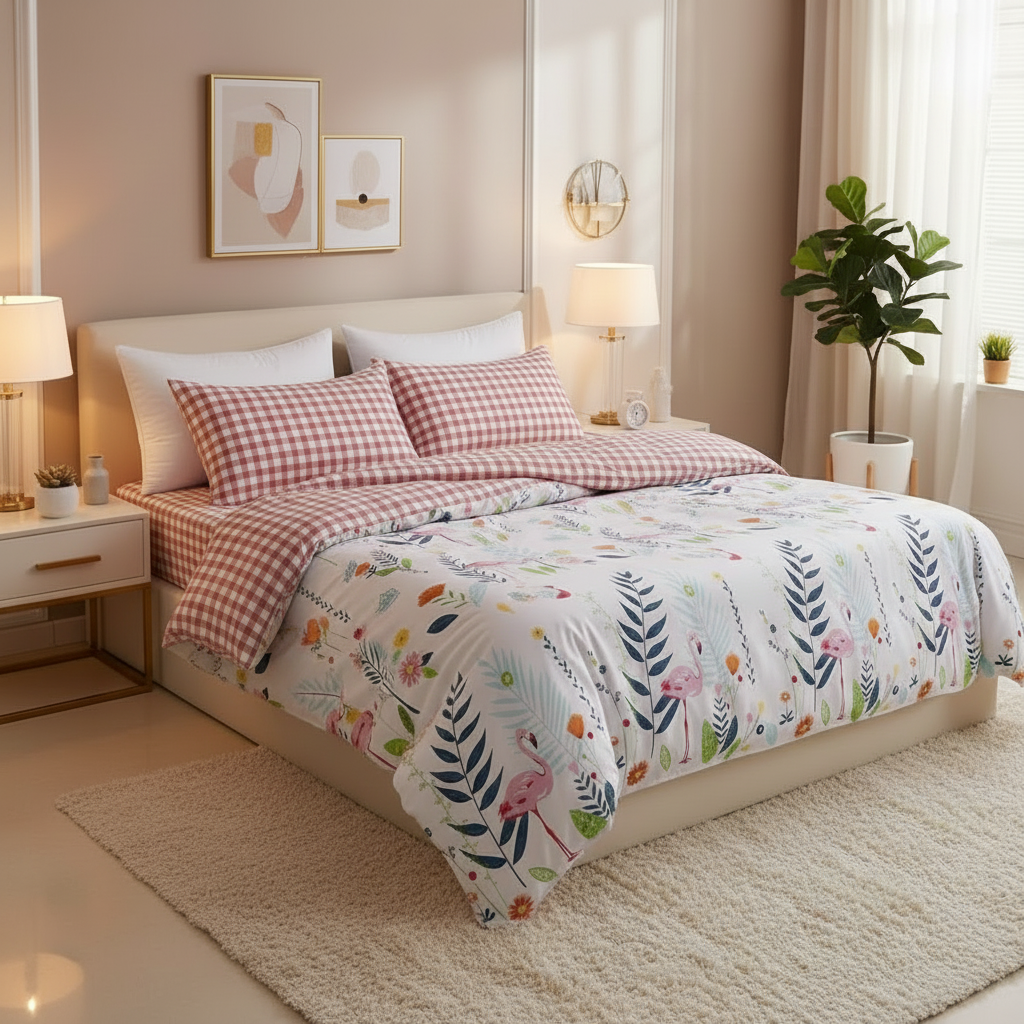 كفر لحاف وجهين - فلامنجو وكارو وردي داكن