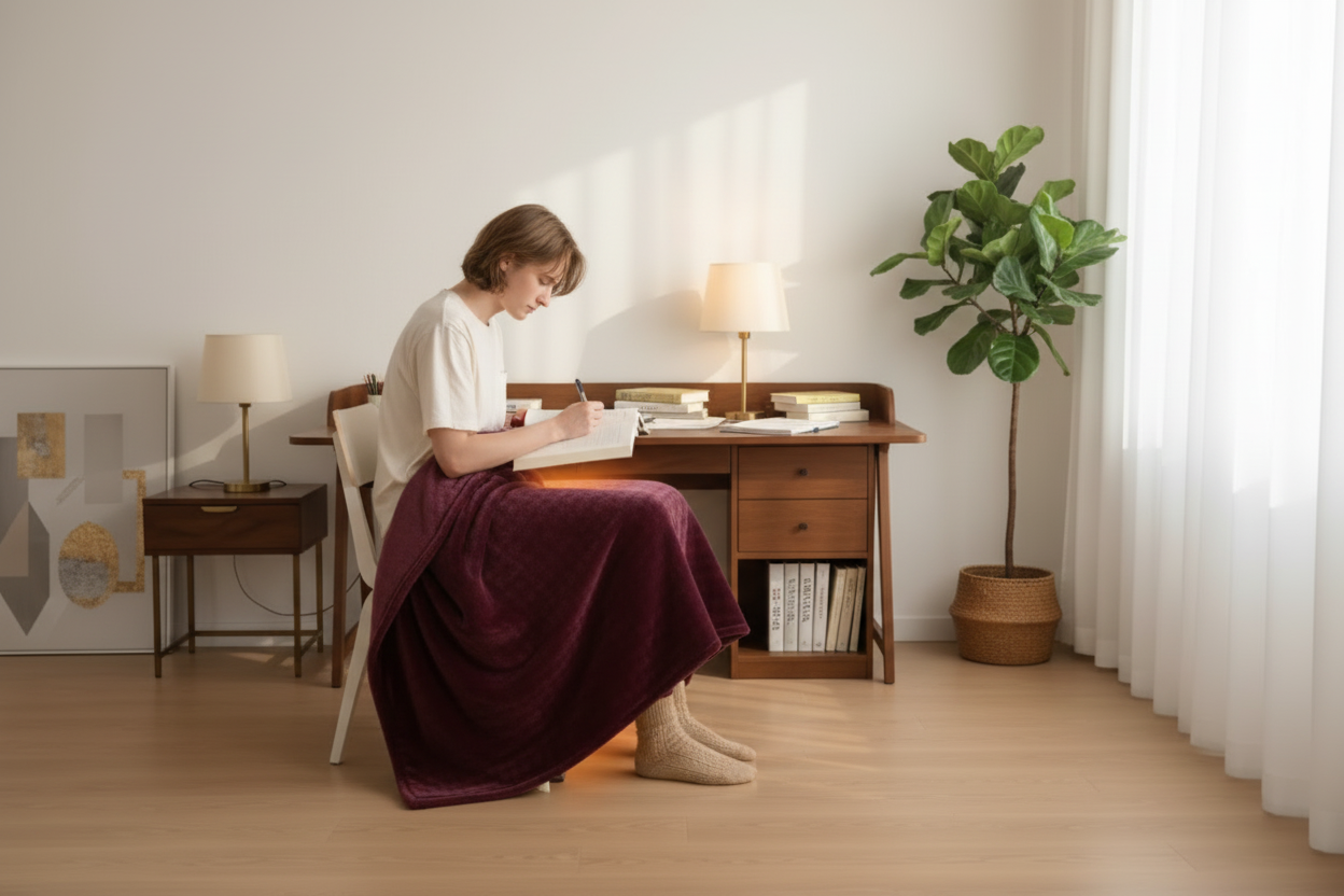 طالب يستخدم دفاية السرير أثناء المذاكرة