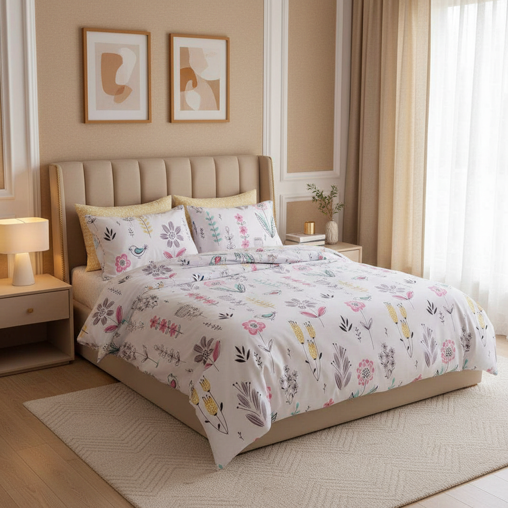 كفر لحاف بتصميم الورود والعصافير