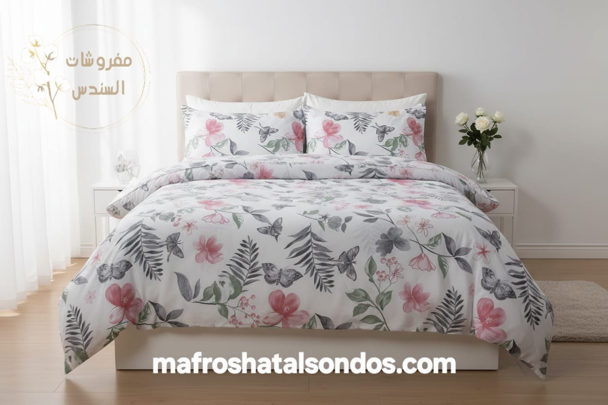 طقم ملاية سرير قطن ضد الوبر - ورود فراشات ملونة