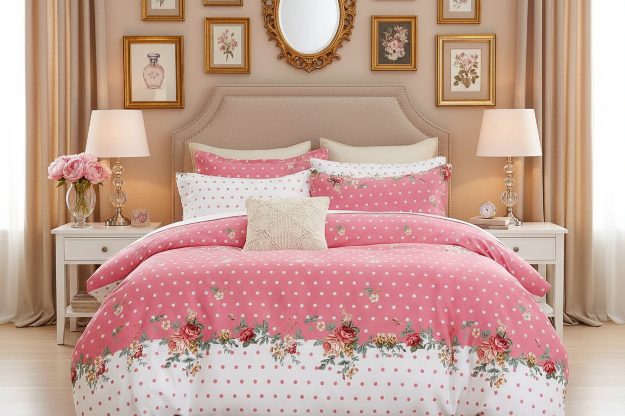 Pink floral bedding luxury setup